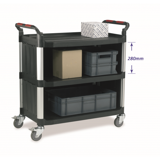 3 Shelf Plastic Utility Tray Trolley With Enclosed Back & 2 Sides 