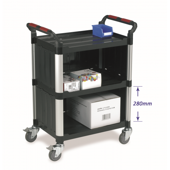 3 Shelf Plastic Utility Tray Trolley With Enclosed Back & 2 Sides 